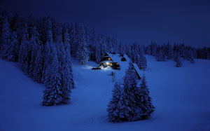 cottage, home, house, night, winter, mountains, forest, snow, wood, navy blue, dark blue
