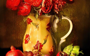 still life, fine art, painting, flowers, berries, fruit, fruitiness, fruitiful, vase, grapes, pomegranate