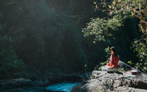 girl, nature, water, green, trees, vegetation, leaf, river, wilderness, forest, rainforest, jungle, watercourse, flora, landscape, stream, rock, sunlight, bank, bayou, creek, branches, meditation
