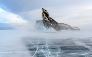 snowstorm, lake, baikal, ogoy, island, nature, landscape, ice, frozen, winter, rock