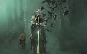 magician, forest, wolf, fantasy, mood, mystical, magic, atmosphere, mysterious, scary, creepy, spirit, fog, mysticism, death, haze, mist
