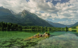 transparent, clean, hintersee, bergsee, mountains, ramsau, alpine, clouds, green, water, landscape, bavaria, berchtesgaden, lake, forest, upper bavaria, sky, summer, mood, nature, idyllic
