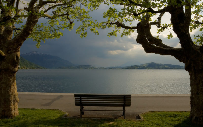 lake zug, mount rigi, switzerland, landscape, nature, clouds, viewm, lake, bench, mountains