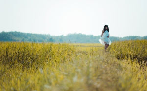 agriculture, bright, clouds, countryside, cropland, crops, daylight, dress, farm, field, girl, grassland, nature, outdoor, rural, sky, woman, prairie, spring, meadow, summer, plants, sunlight, flowers