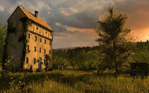 house, landscape, 3d graphics, sunset, country, clouds