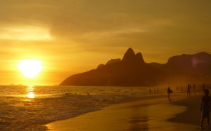 beach, tropical beach, surfing, surfers, ipanema beach, rio de janeiro, sugarload mountain, brazil, sunset, seascape, south america, summer, sand, surf, sundown, dusk, guanabara bay, tourism, vacation, coastline