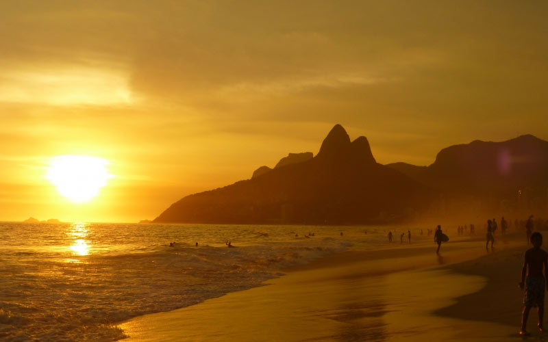 beach, tropical beach, surfing, surfers, ipanema beach, rio de janeiro, sugarload mountain, brazil, sunset, seascape, south america, summer, sand, surf, sundown, dusk, guanabara bay, tourism, vacation, coastline