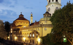 munich, dusk, natatorium, baroque revival, jugendstil, architecture, river, evening