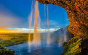 iceland, skogafoss, landmark, landscape, cliff, nature, outdoors, waterfall, stream, water, sunset, dusk