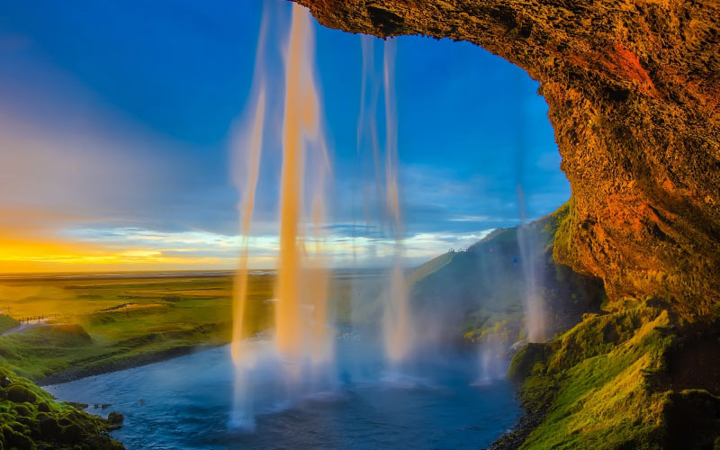 iceland, skogafoss, landmark, landscape, cliff, nature, outdoors, waterfall, stream, water, sunset, dusk
