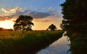 clouds, dawn, dusk, evening, sky, grass, landscape, nature, outdoors, placid, reflection, river, scenic, sky, summer, sun, sunset, trees, water