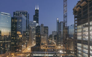 chicago, sears tower, willis tower, skyline, downtown, skyscrapers, cityscape, usa, illinois, architecture, city, building, office, sunset, twilight, development, business, night, dusk, illuminated, evening