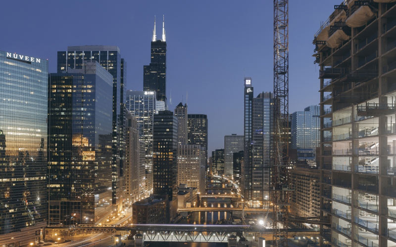 chicago, sears tower, willis tower, skyline, downtown, skyscrapers, cityscape, usa, illinois, architecture, city, building, office, sunset, twilight, development, business, night, dusk, illuminated, evening