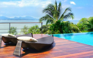 luxury, resort, ranong, thailand, andaman sea, swimming pool, loungers, relaxing, peaceful, tranquil, tropical, palm, relaxation, decking, wicker lounge, cushions, exotic, idyllic, vacation