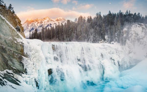 sunset, wapta falls, yoho national park, alberta, canada, waterfall, mountains, forest, snow, nature, landscape