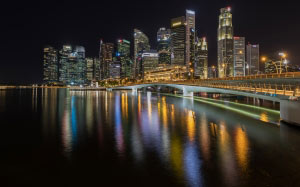skyline, central business district, singapore, esplanade bridge, night, colorful, lights, reflected, water, city