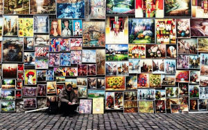 wall, artist, painting, art, collage, photomontage, pictures, man, people, seller, sale, trade, trading