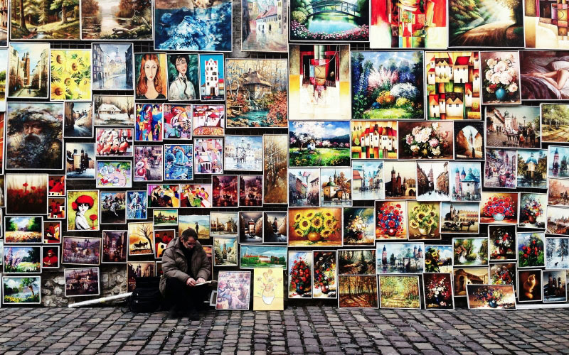 wall, artist, painting, art, collage, photomontage, pictures, man, people, seller, sale, trade, trading