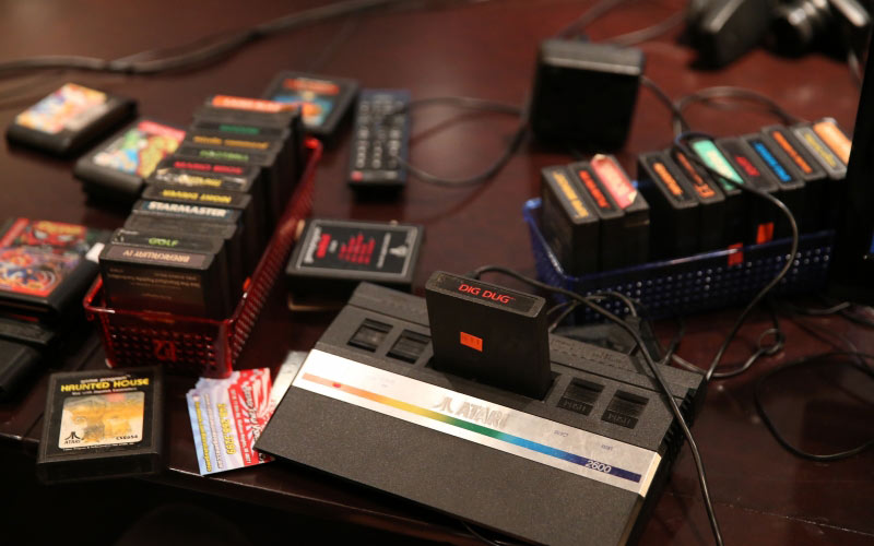 retro, technology, gadget, electronics, video games, cartridges, atari 2600, vintage, games, dig dug, 8 bit, hardware