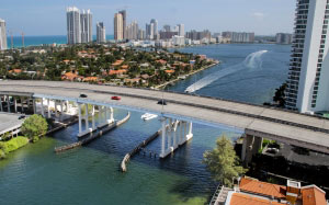 beach, sea, coast, water, ocean, architecture, bridge, skyline, city, skyscrapers, cityscape, downtown, tropical, america, harbor, tourism, waterway, miami, florida
