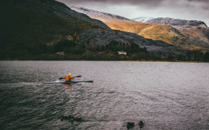 man, canoe, lake, mountain, paddle, adventure, fun, sport, winter, landscape