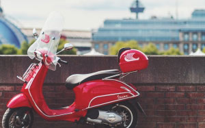 vehicle, red, parked, beside, wall, daytime, scooter, bike, transport