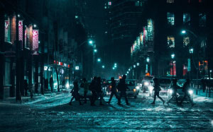 city, winter, street, people, crowd, seasons, snow, night, architecture, illuminated, city life, transportation, building, men, street light, skyscraper, outdoors, nightlife