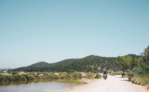 motorcyclist, road, sunshine, motorbike, landscape, summer