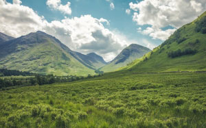 landscape, nature, grass, wilderness, mountain, field, meadow, valley, spring, green, highland, clouds