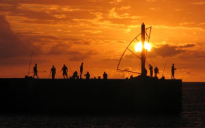 sunset, breakwater, gilles les bains, harbor, roches noires, beach, sea, landscape, people