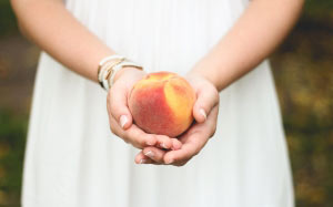 people, person, palms, holding, round, yellow, fruit, peach, girl, women