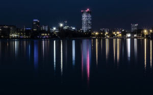 city, cityscape, downtown, lights, night, reflection, river, skyline