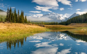 rockies, morning, banff national park, alberta, canada, nature, landscape, mountains, pond, lake