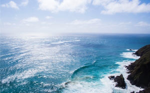 beach, sea, coast, water, ocean, horizon, clouds, shore, waves, cliffs, view, new zealand, landscape