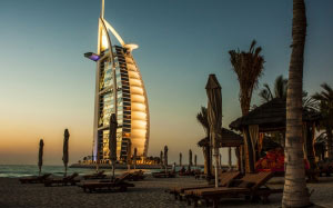 beach, sea, sand, ocean, architecture, sunset, night, building, skyscraper, vacation, dusk, evening, tower, dubai, landmark, hotel, burj al arab, arecales