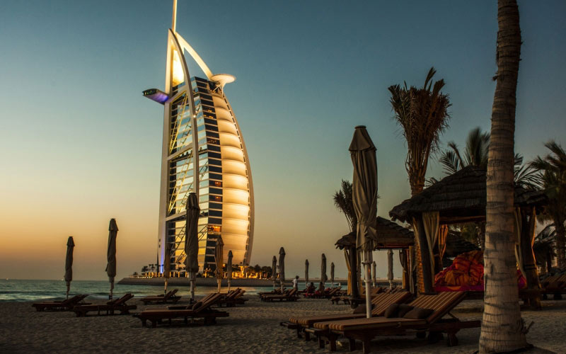beach, sea, sand, ocean, architecture, sunset, night, building, skyscraper, vacation, dusk, evening, tower, dubai, landmark, hotel, burj al arab, arecales