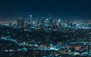architecture, building, city, cityscape, night, illuminated, modern, skyline, skyscrapers, urban, blue