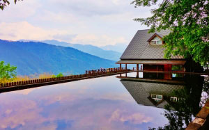 house, building, pool, reflection, tourism, nature, mountains, water