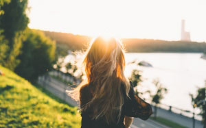 blonde, person, back, women, people, females, sunset, summer, sunlight, focus on foreground, lens flare