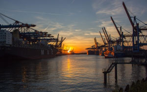cargo, container, crane, hamburg, harbor, harbour, industry, ocean, pier, port, sea, seaport, sunset, vehicle, watercraft, sky, vessel, machinery, shipping, dock, transportation, ship