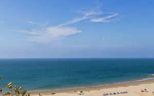 aerial, beach, sea, ocean, water, nature, sand, horizon, blue, sky, clouds, summer, vacation, coast, shore, travel, horizon