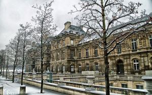 architecture, city, snow, winter, building, paris, cityscape, france, plaza, landmark, facade, historic, season, estate, palais du luxembourgh