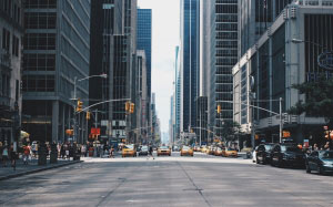 pedestrians, architecture, road, traffic, street, city, skyscrapers, cityscape, downtown, taxi, people