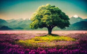 tree, flowers, nature, landscape, light, mountains, grass, grassland, summer, meadow, field, art, spring, painting