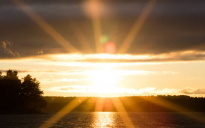 rays, light, sunset, water, landscape, nature, lake, forest