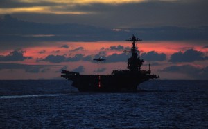sea, ocean, horizon, silhouette, clouds, sky, sunset, ship, military, dusk, evening, vessel, vehicle, seascape, navy, watercraft, aircraft carrier