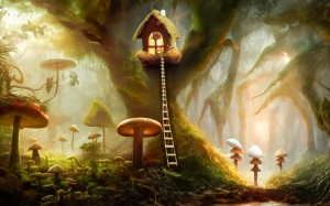 magic, mushrooms, forest, house, nature, art, artwork, illustration, trees, painting, mythology, fictional, woodland, fairy, fantasy