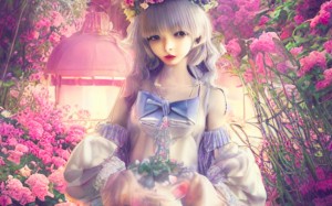 anime, art, painting, japan, cartoon, girl, garden, flowers