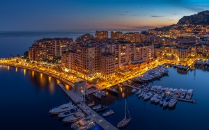 monaco, city, cityscape, port, night, evening, lights, sea, boats, shore