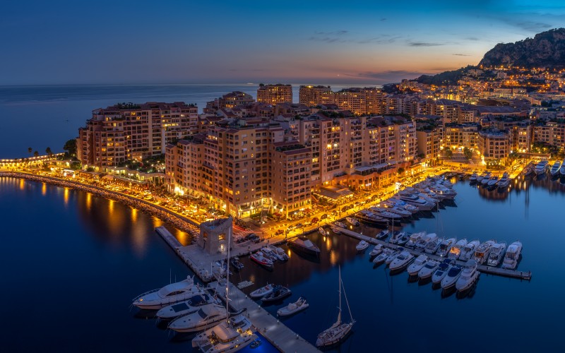 monaco, city, cityscape, port, night, evening, lights, sea, boats, shore